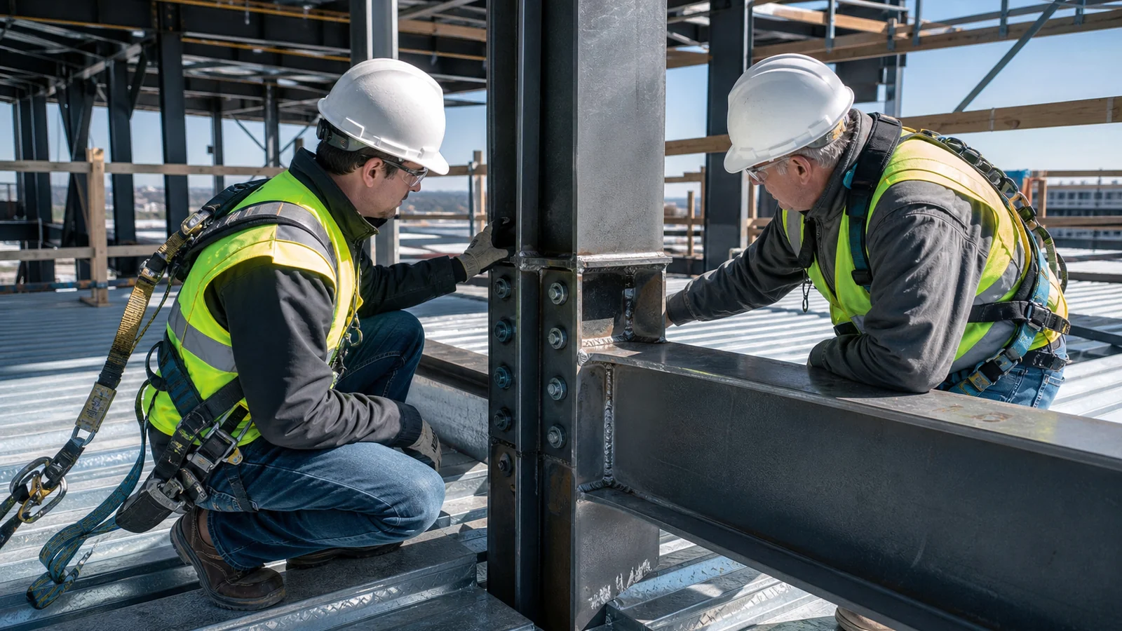 Inspectors check bolted and welded steel connections from a protected decked floor.