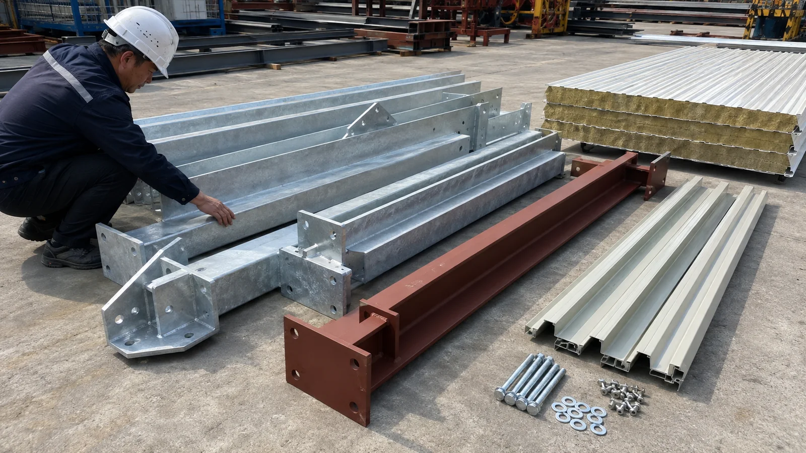 Inspector comparing galvanized and painted steel members, purlins, panels, and fasteners for a poultry building.