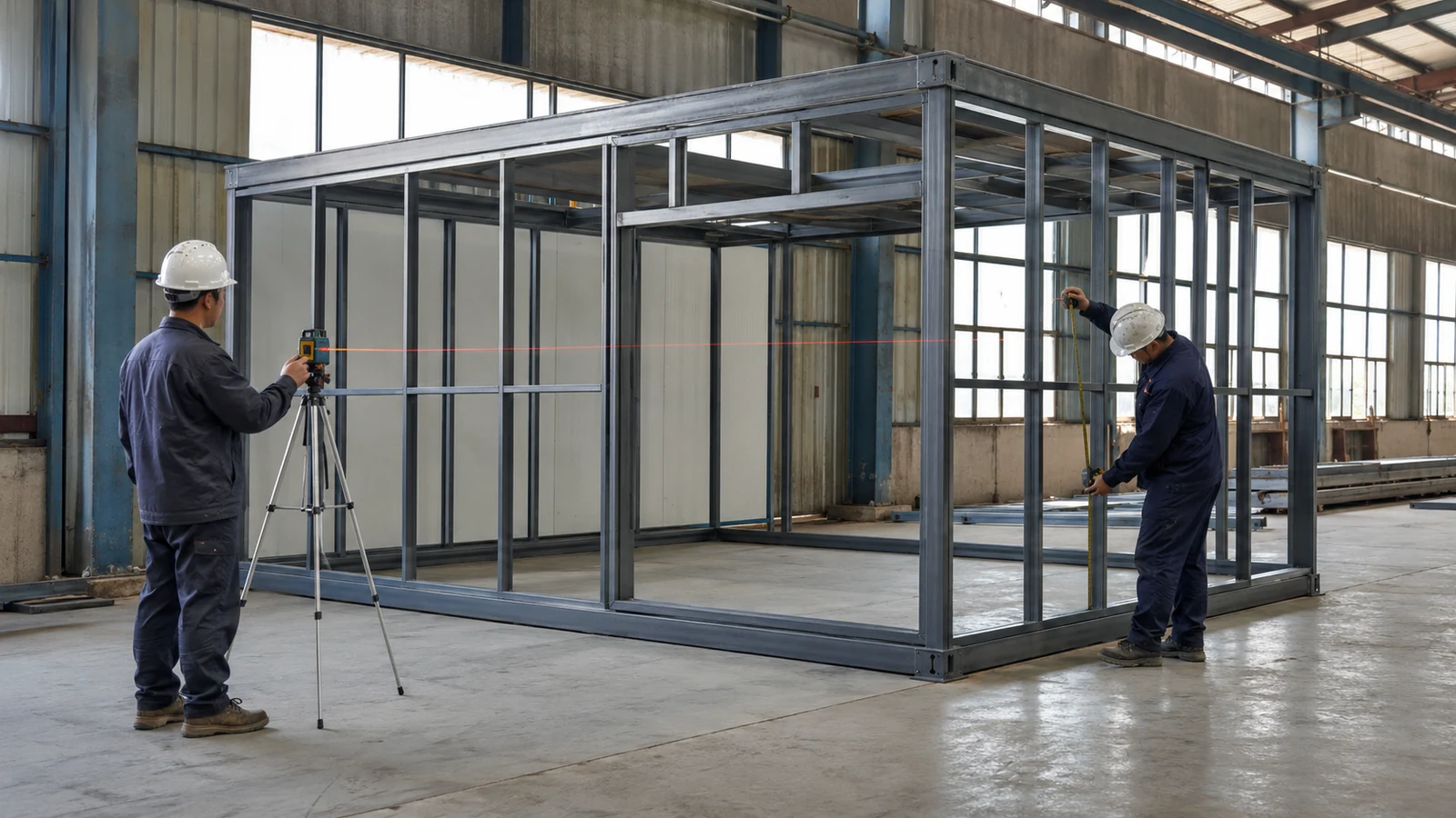 Inspectors verify frame alignment and dimensional tolerances before panel installation.