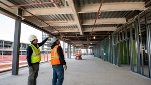 Inspectors review fire-protected steel beams and sprinkler lines along a mall egress route.