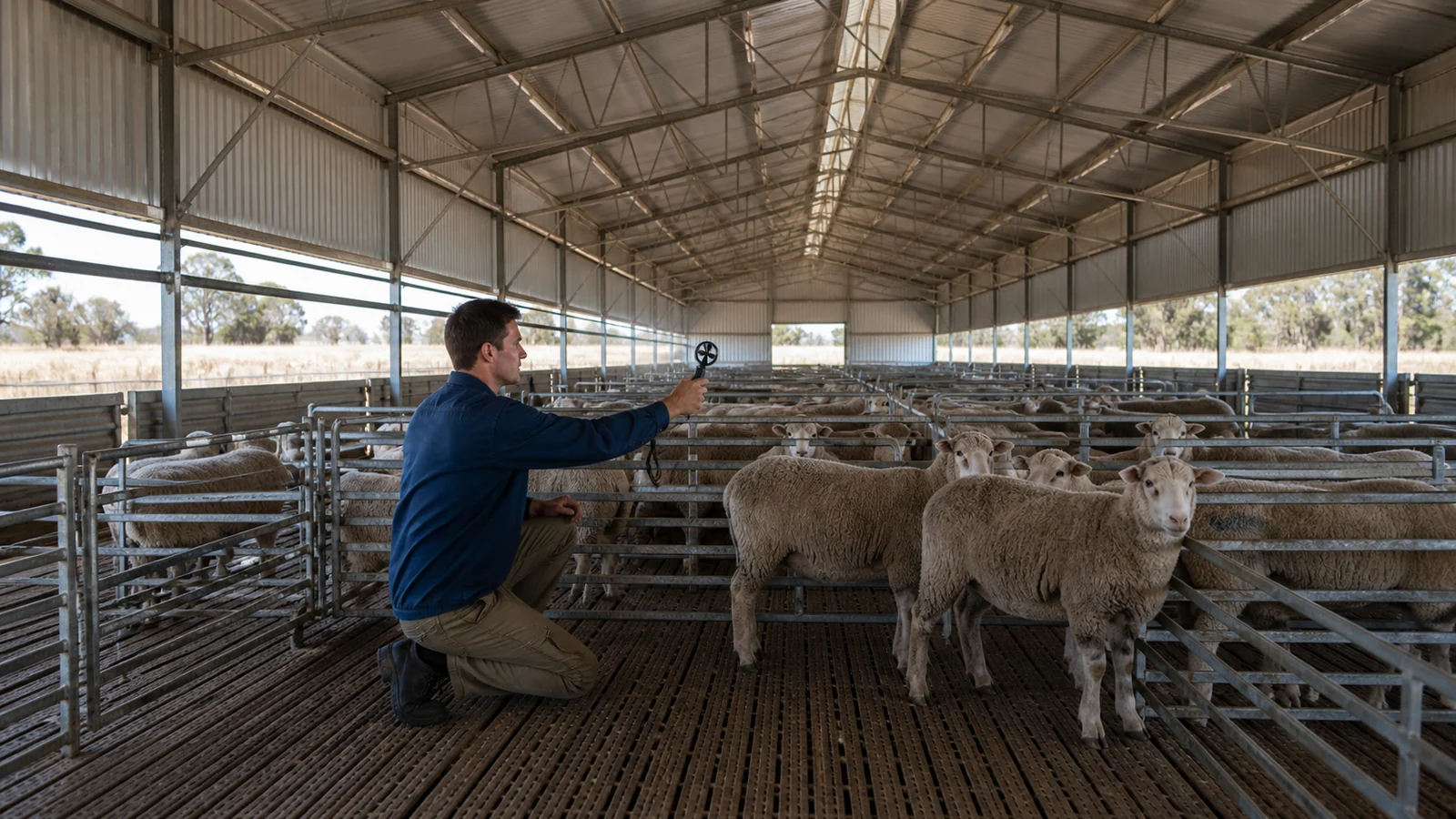 Technician checks airflow at animal level in a naturally ventilated steel sheep shed with slatted pens.