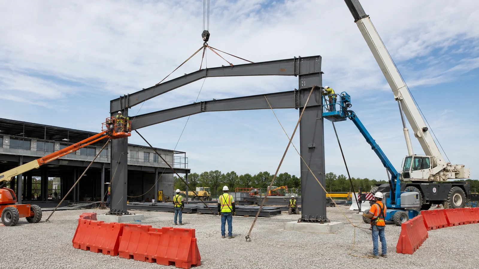 Crane and boom lifts erecting a braced portal frame while the site team controls stability and alignment.