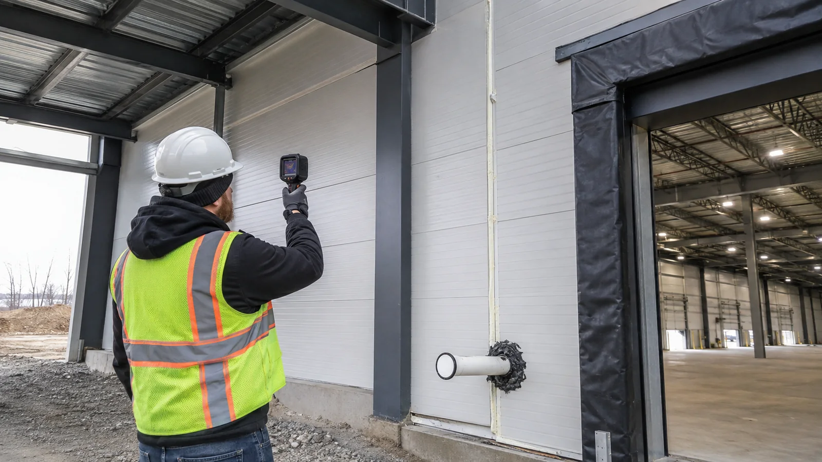 Envelope inspector uses a thermal camera beside a wall joint, service penetration, and warehouse door opening.