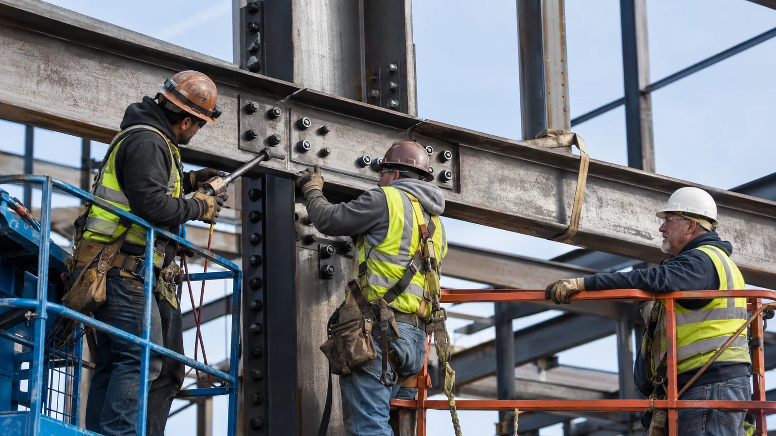 Steel erectors installing and inspecting high-strength bolts at an industrial frame connection.