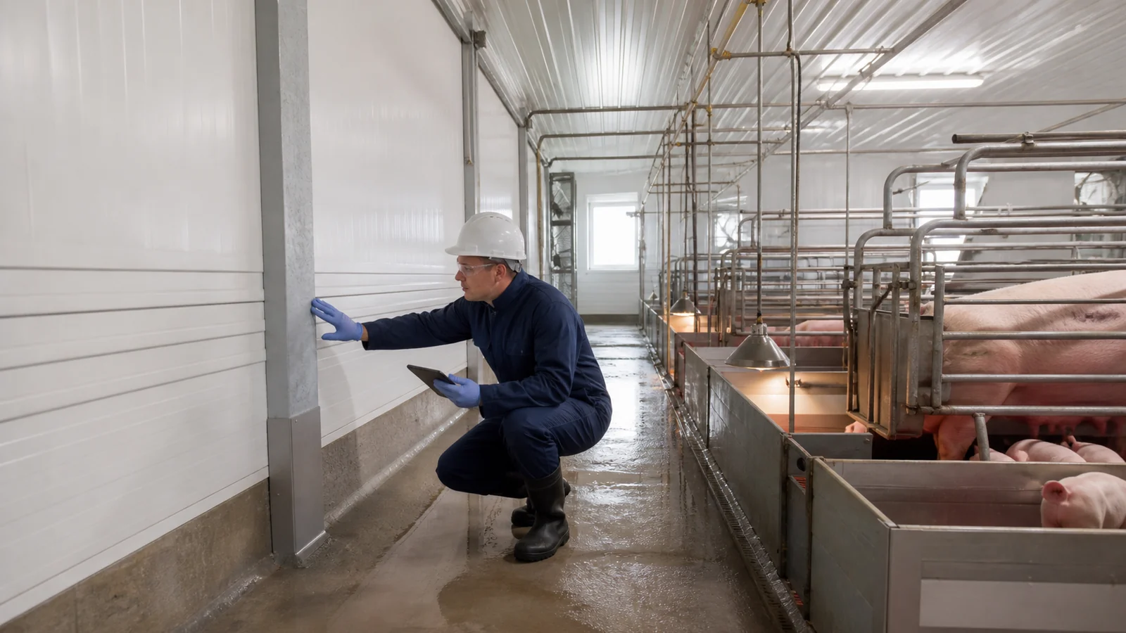 Inspector checks washable wall panels and protected steel bases in a pig farrowing shed.