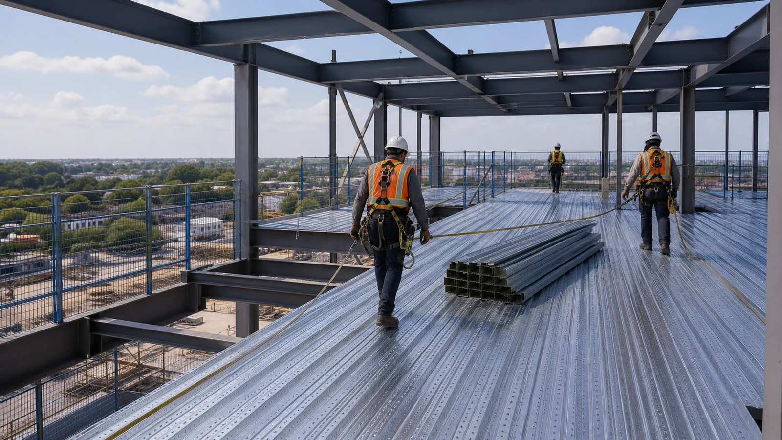 Workers install metal decking on a protected multi-storey steel frame construction level.