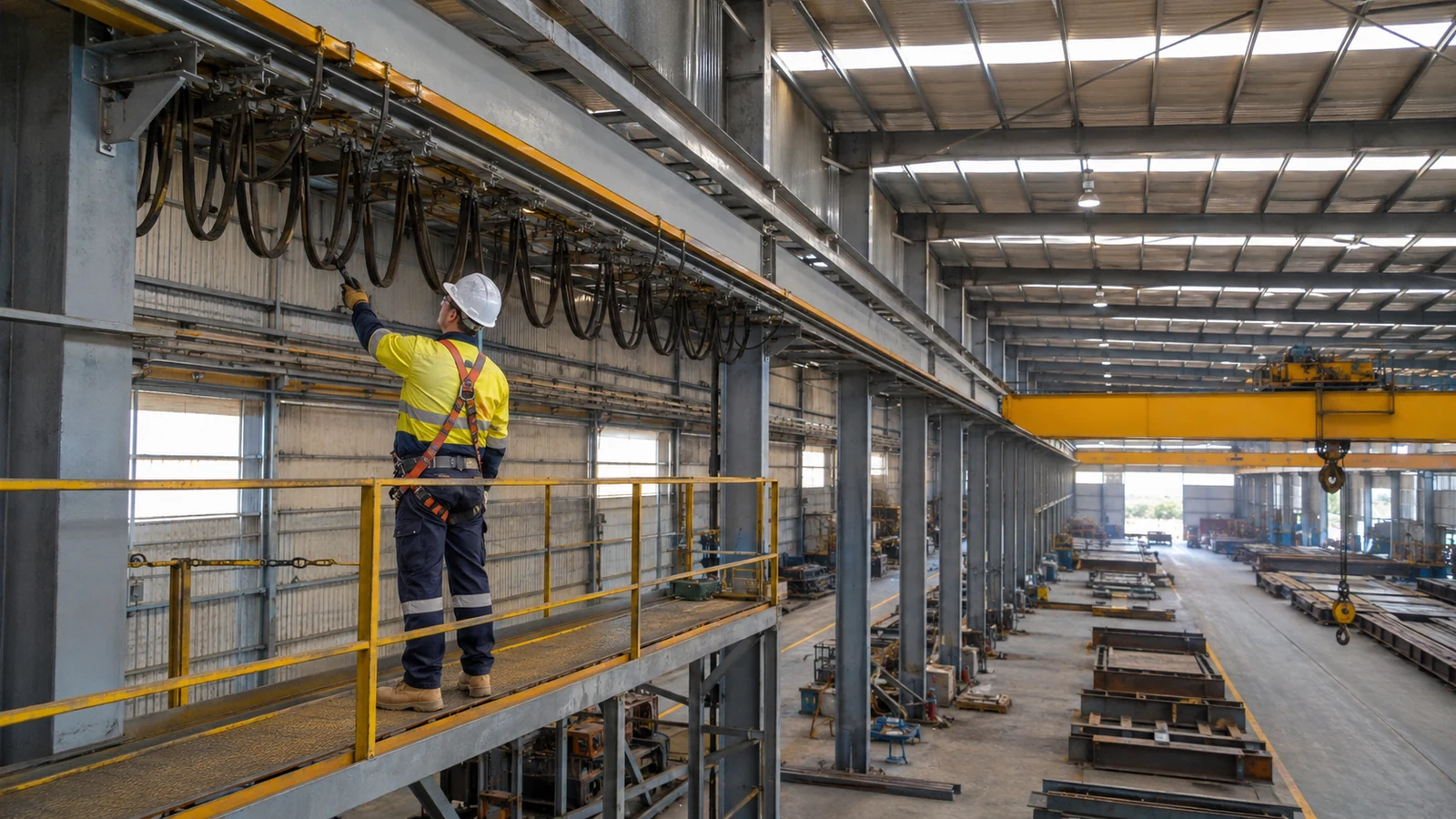 Harnessed technician inspects crane electrification and service access from a guarded maintenance platform.
