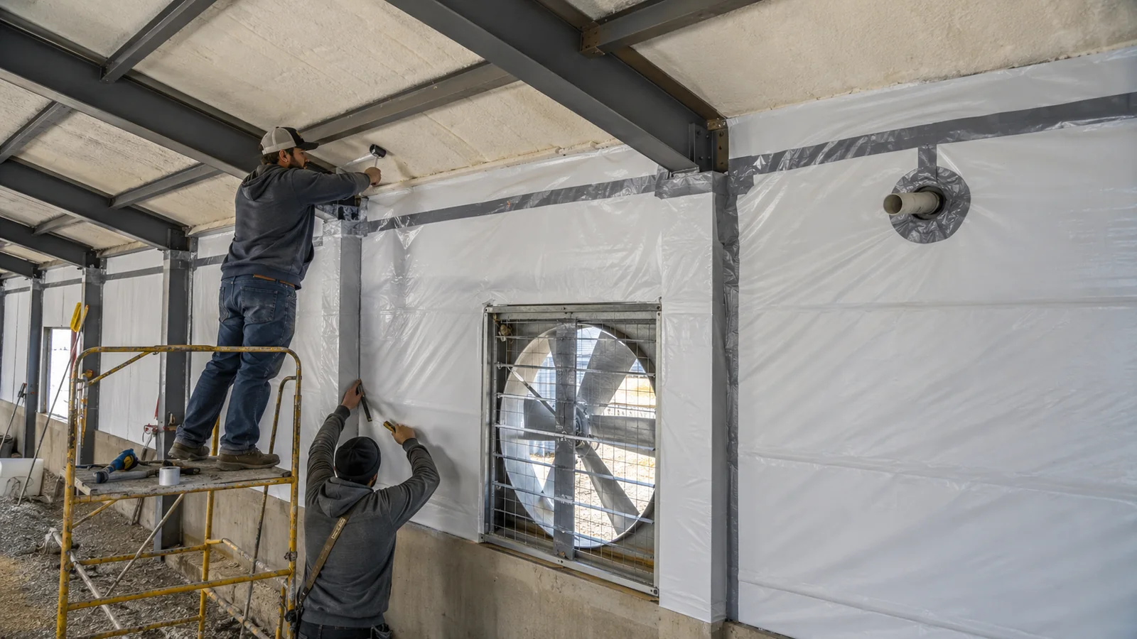 Installers sealing a vapor-control layer around steel framing, a ventilation fan, and a service penetration.