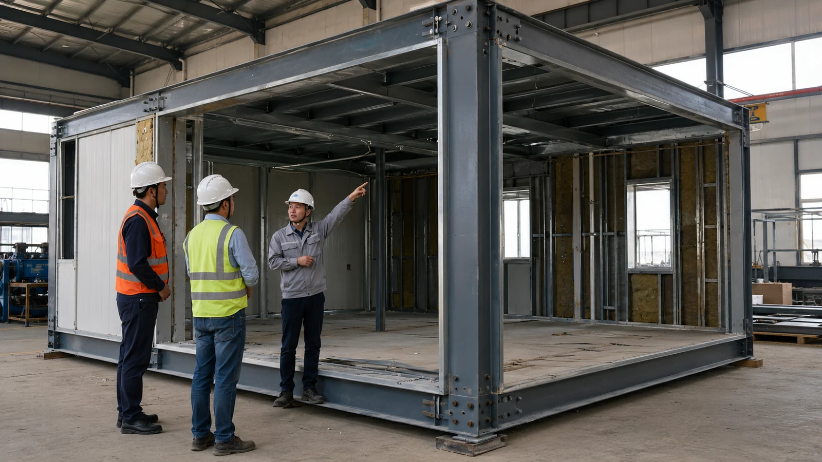 Buyer representatives witness a first-off prefabricated office assembly inspection before closure.
