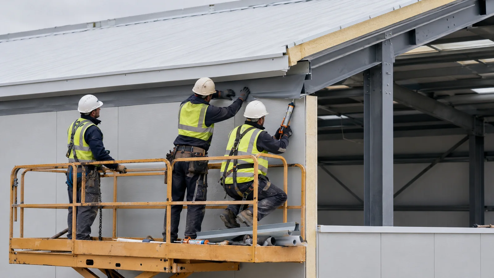 Installers seal the roof-to-wall interface of an insulated steel warehouse from a guarded work platform.