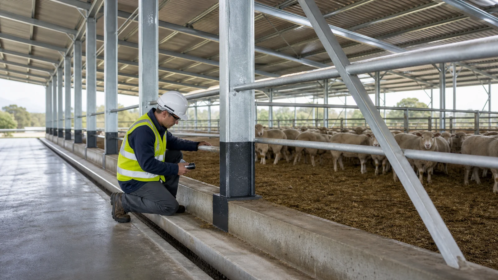 Inspector examines a protected steel column base and bracing inside a commercial sheep shed.