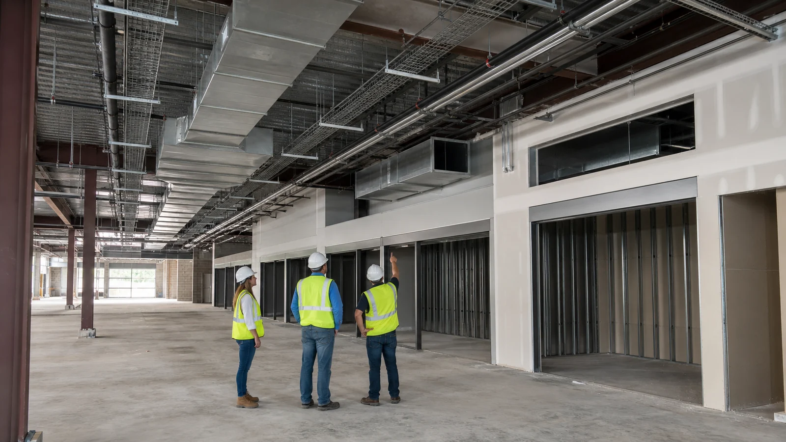 MEP coordinators inspect ducts, cable trays, pipes, and service openings above retail bays.