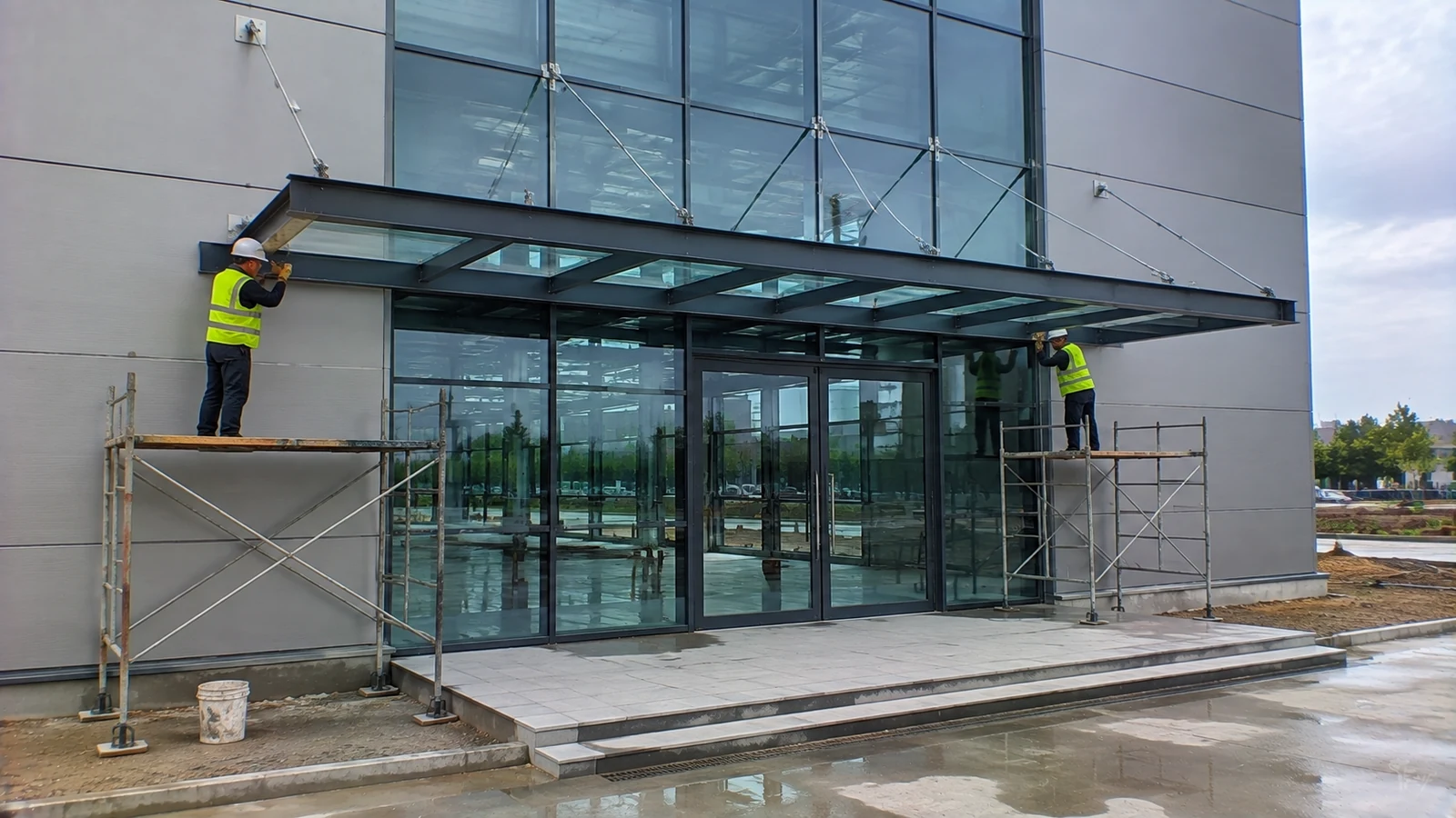 Workers install a glass canopy at a steel showroom entrance with glazed doors and panel facade.
