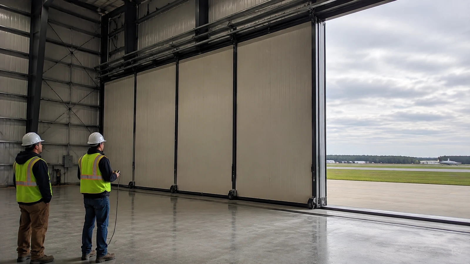 Technicians test a powered sliding hangar door from a safe control position.