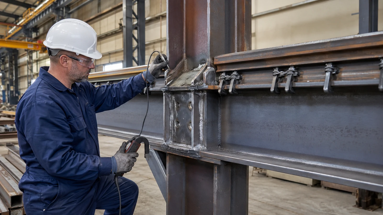 Inspector performs nondestructive testing on a welded crane runway connection and rail interface.