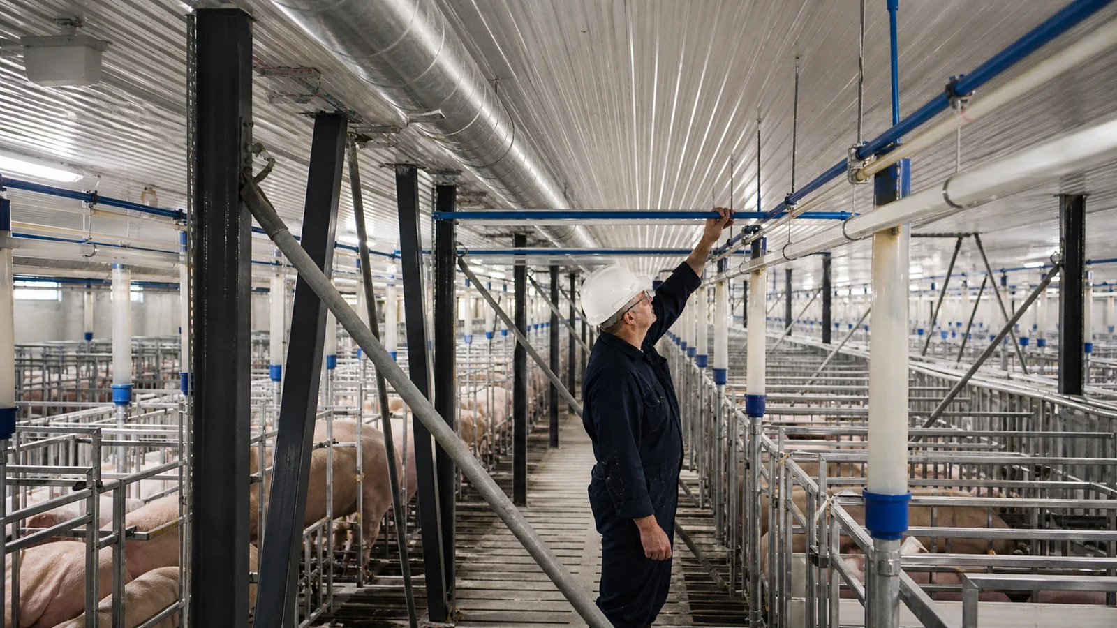 Feed, water and ventilation services align clear of steel framing inside a farrowing building.