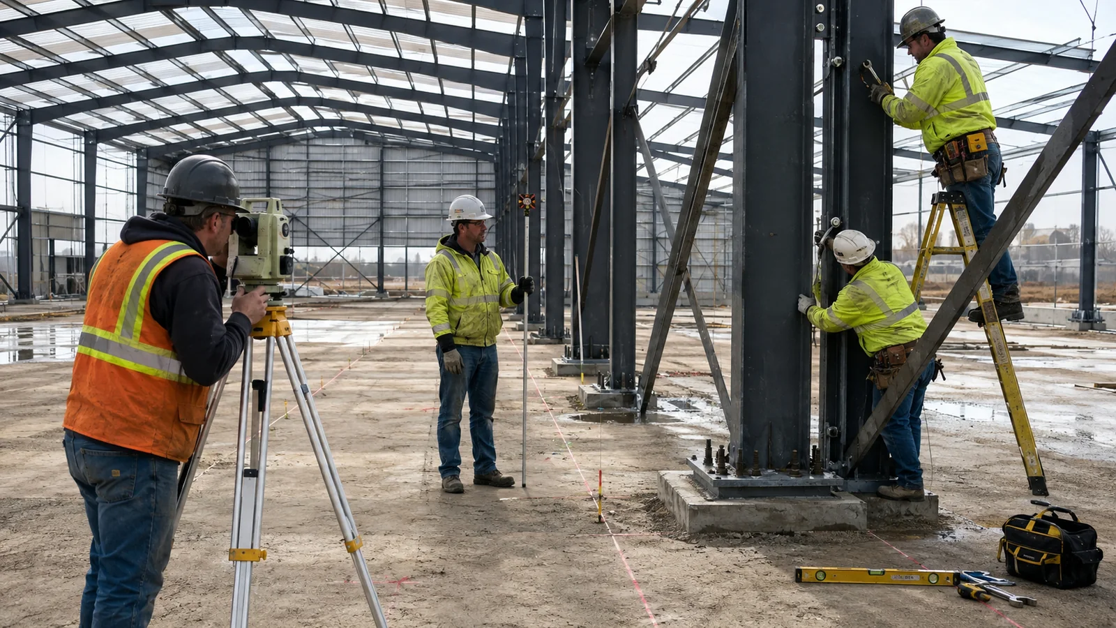 Survey crew checking column position and plumb while erectors adjust an industrial steel frame.