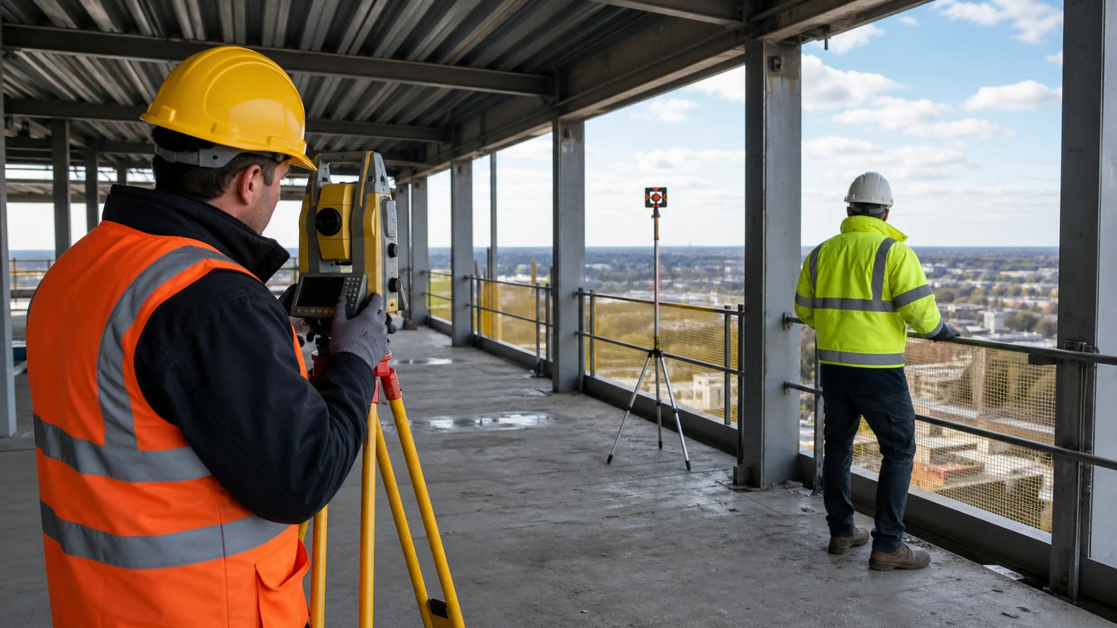 Surveyor checks column position and plumbness from a protected multi-storey floor.