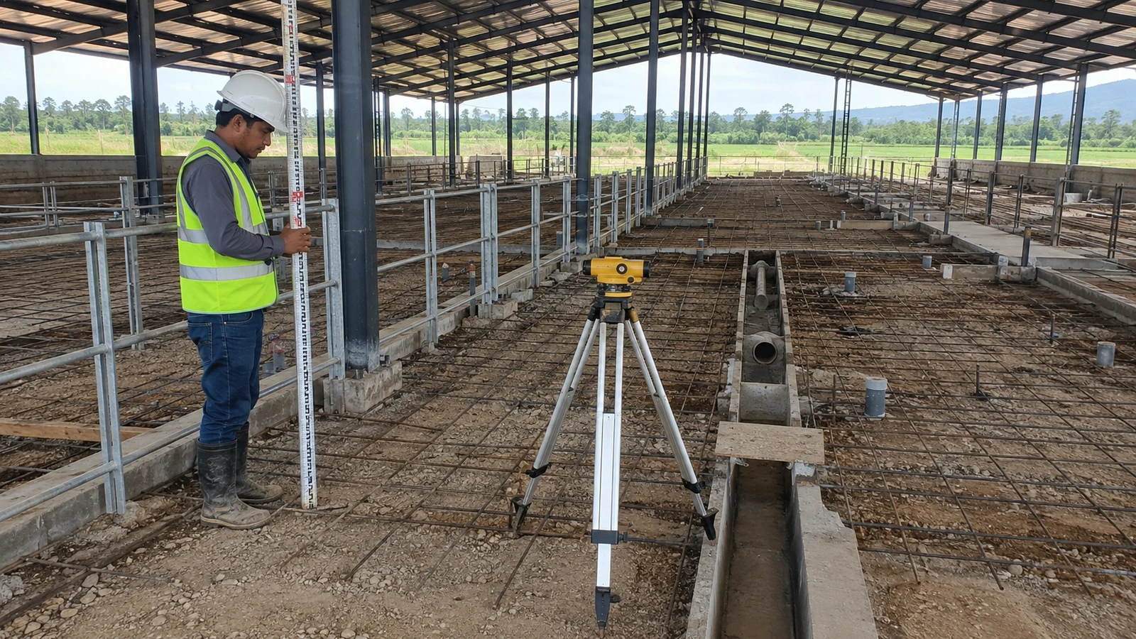 Surveyor checks drainage levels and embedded channels before concrete placement in a steel pig house.