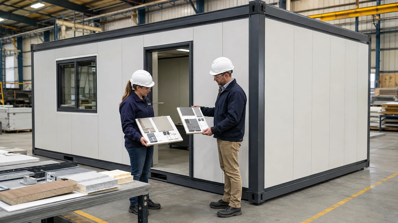 Procurement engineers compare proposed components beside a completed prefabricated office module.