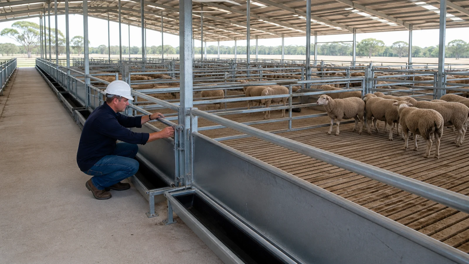 Water troughs, feed barriers, gates and steel framing align within a commercial sheep shed.