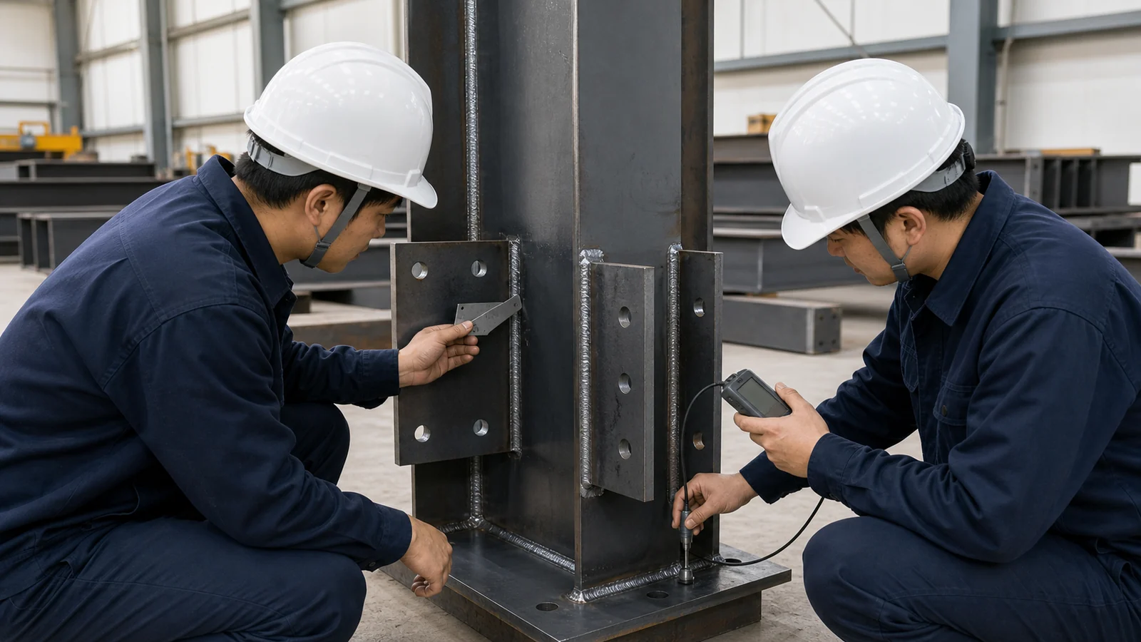 Factory inspectors check weld geometry and coating thickness on a fabricated steel column.