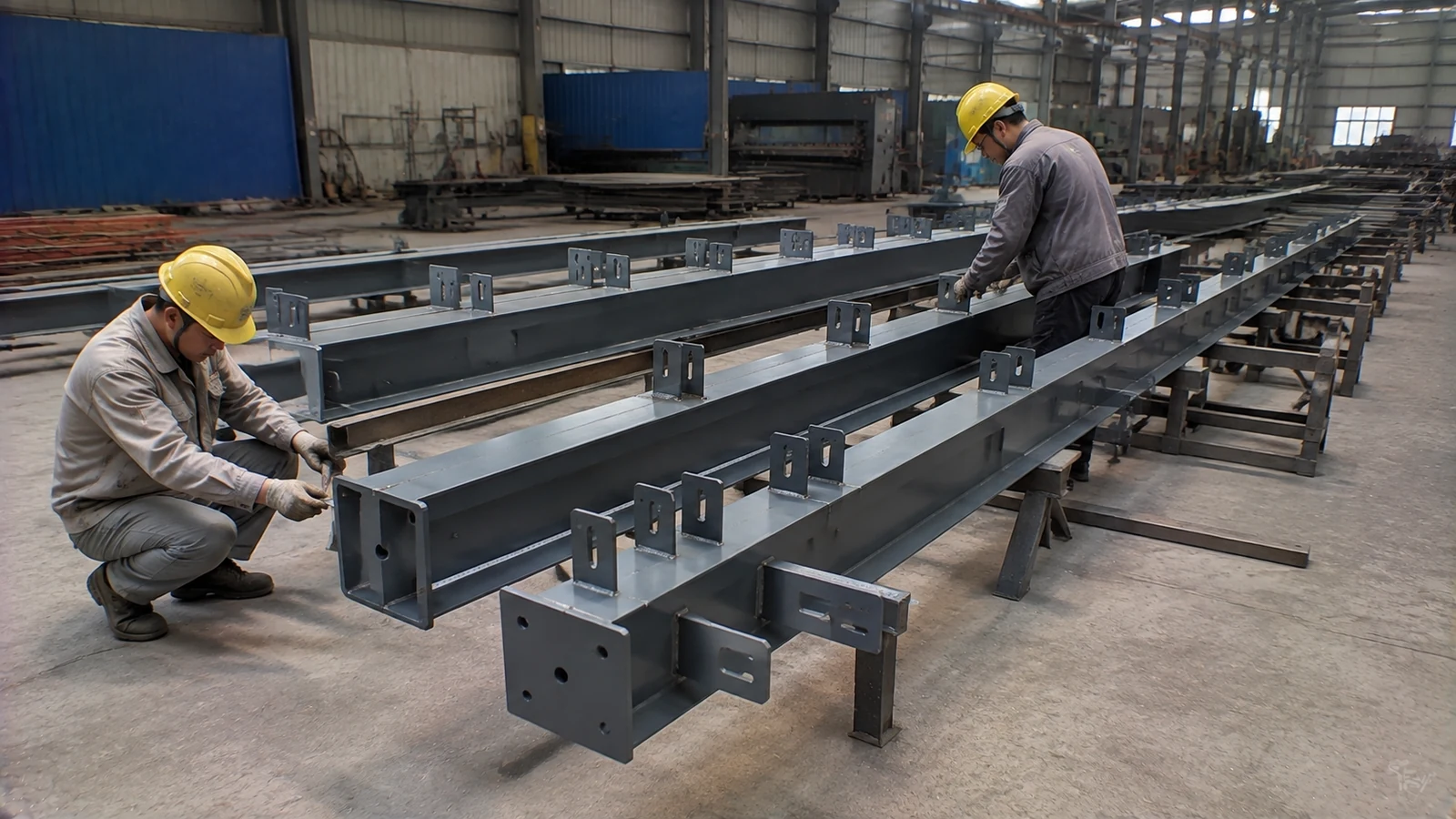 Workers inspect coated steel facade support members and welded brackets in a fabrication shop.