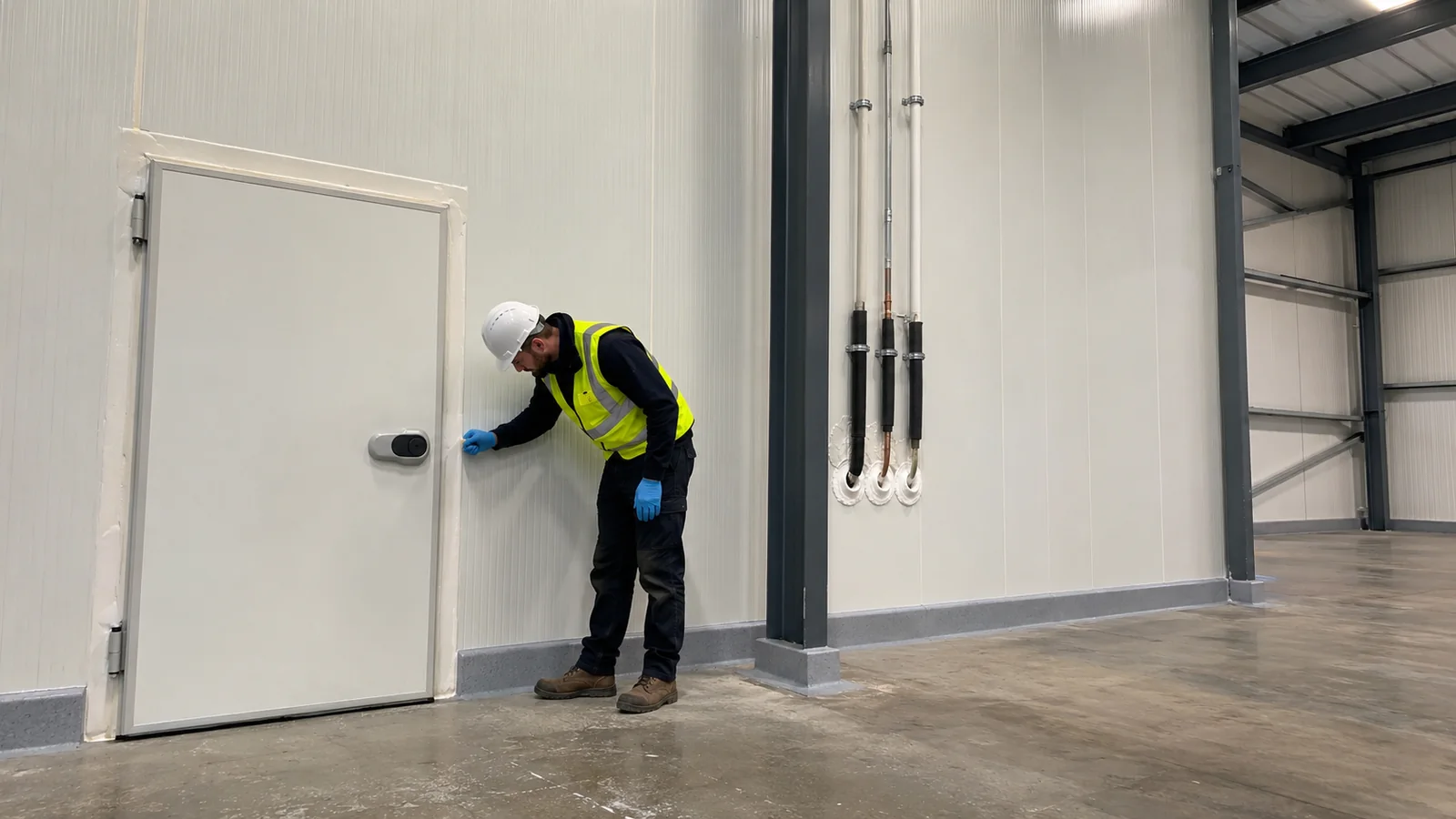 Technician checks a sealed door and service penetrations inside a temperature-controlled steel warehouse.