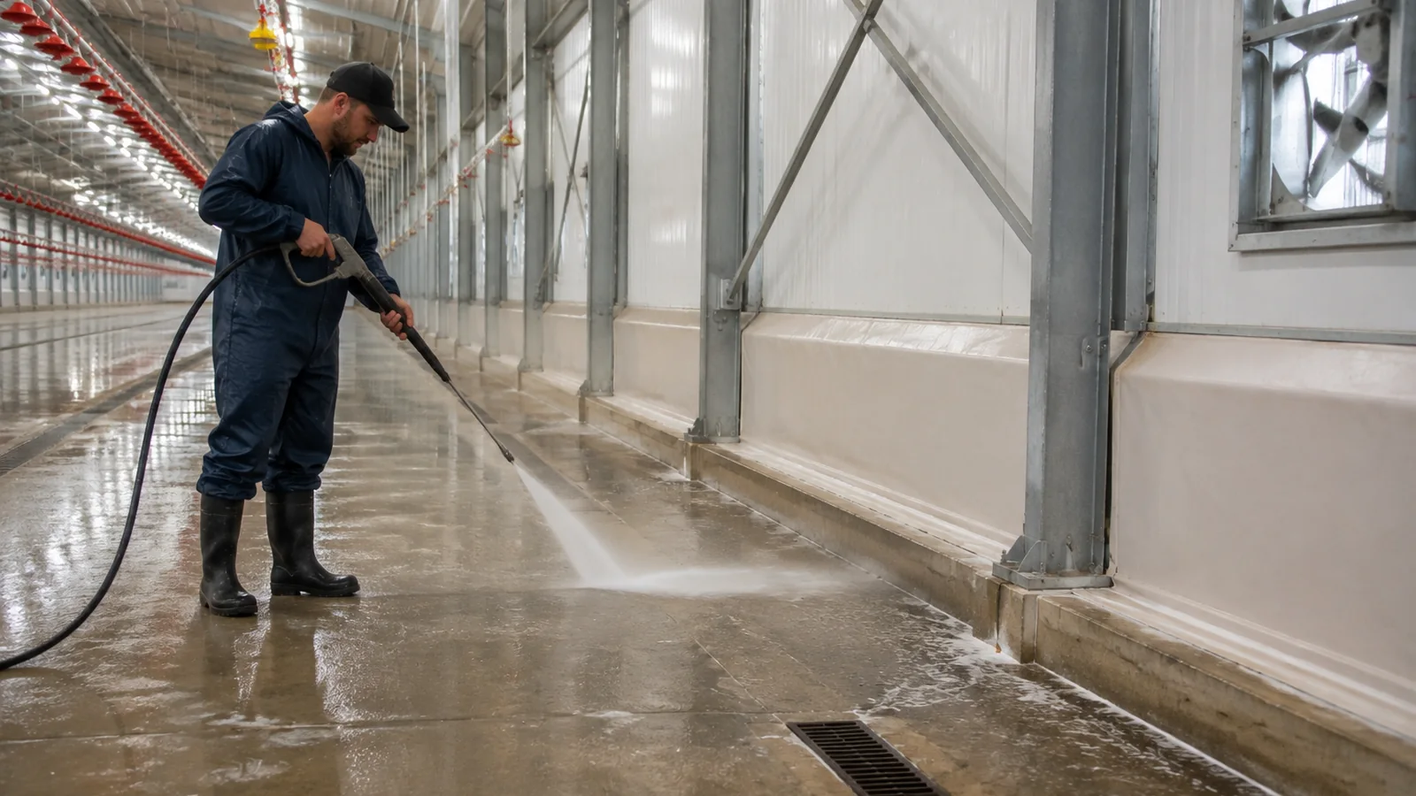 Worker pressure-washing a chicken house floor toward drains beside protected steel columns and lower wall liners.