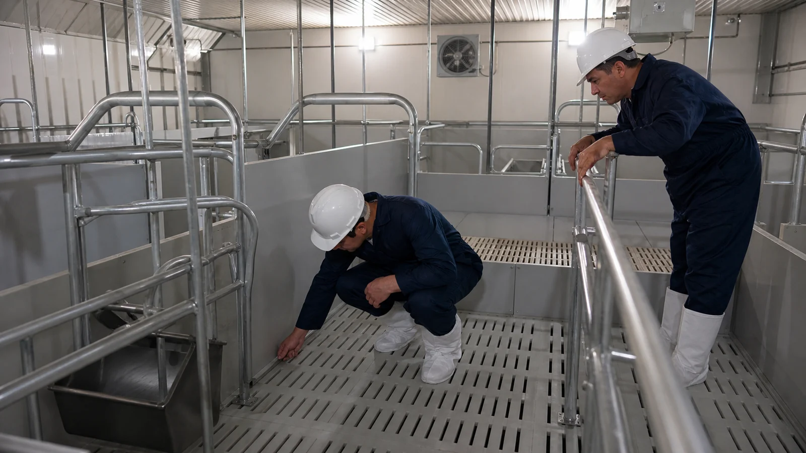 Inspectors check floor, pen and building interfaces before a farrowing room enters service.
