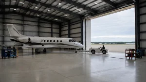 A tug moves a business jet through the hangar while tool carts remain outside the clear route.