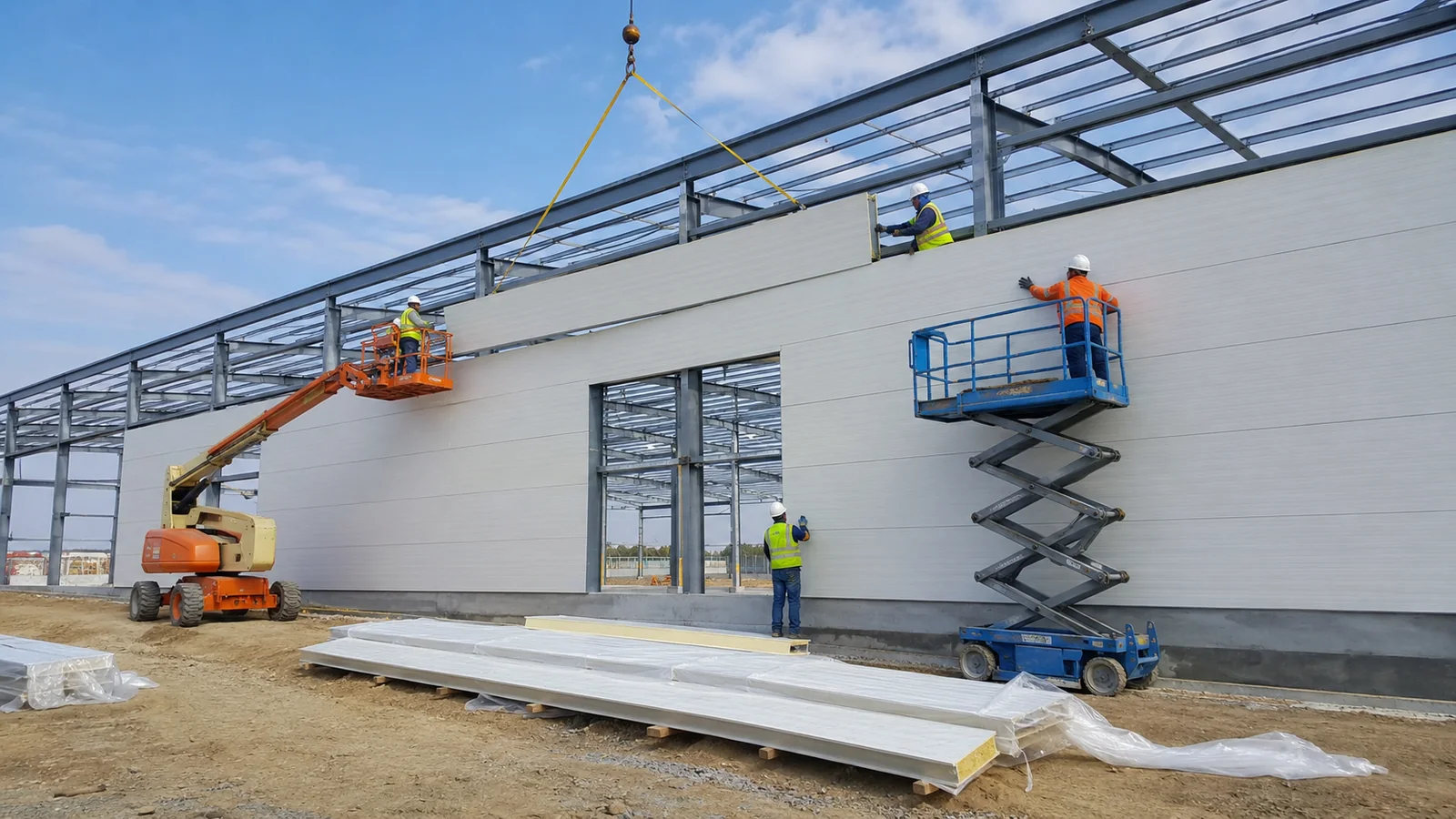 Crew installs long insulated wall panels on a steel warehouse using lifting equipment and mobile work platforms.