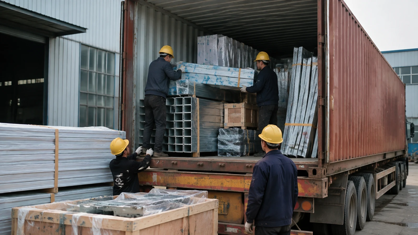 Workers load protected prefabricated office frames and panels into a container for overseas delivery.