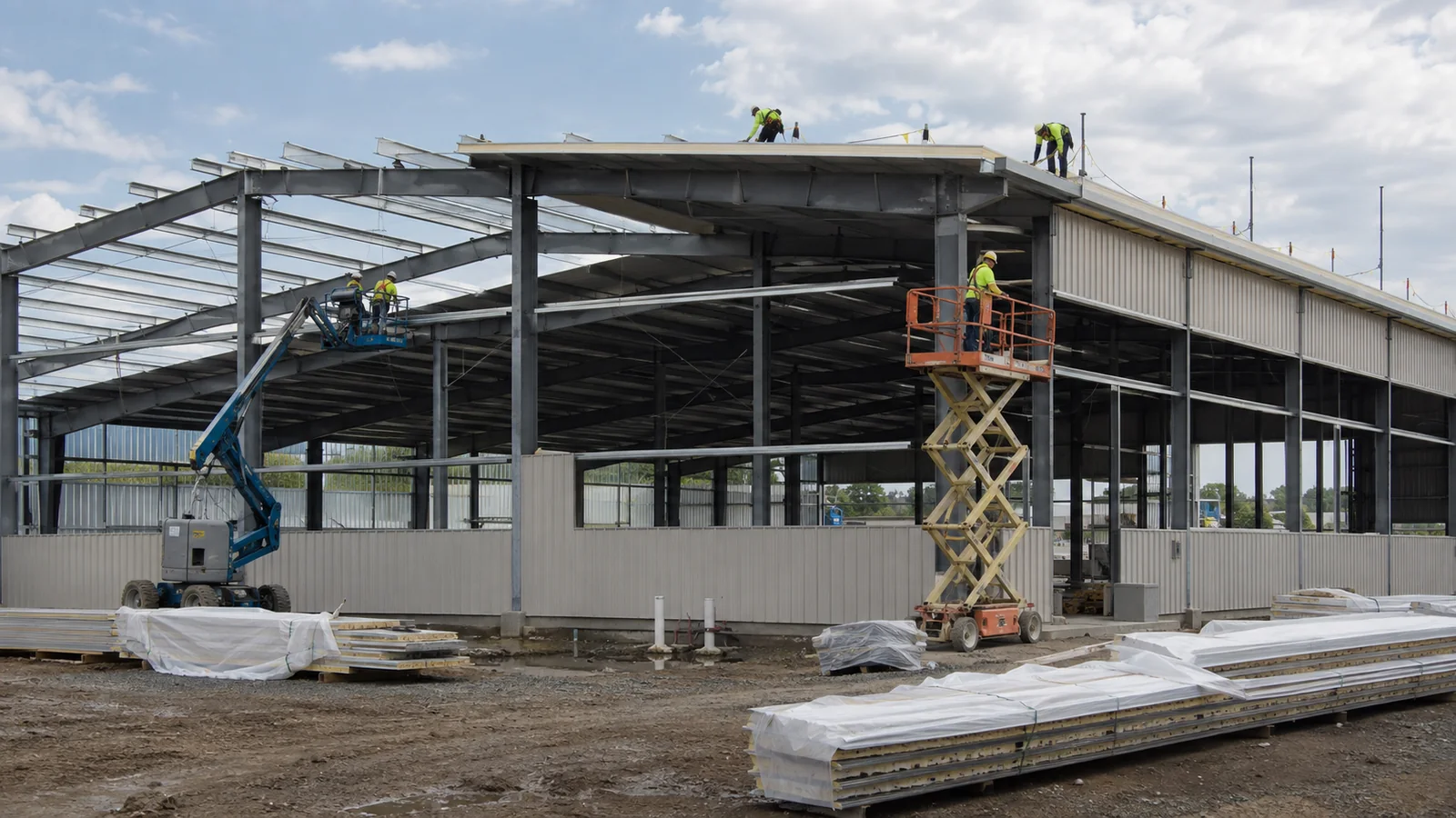Crews installing roof panels and wall cladding over coordinated secondary steel framing.