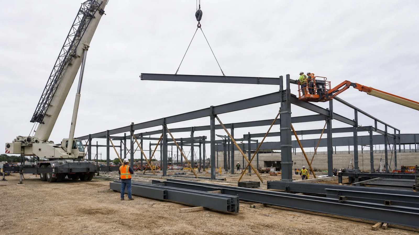 Crew erects a steel shopping mall frame with temporary bracing and sequenced member staging.