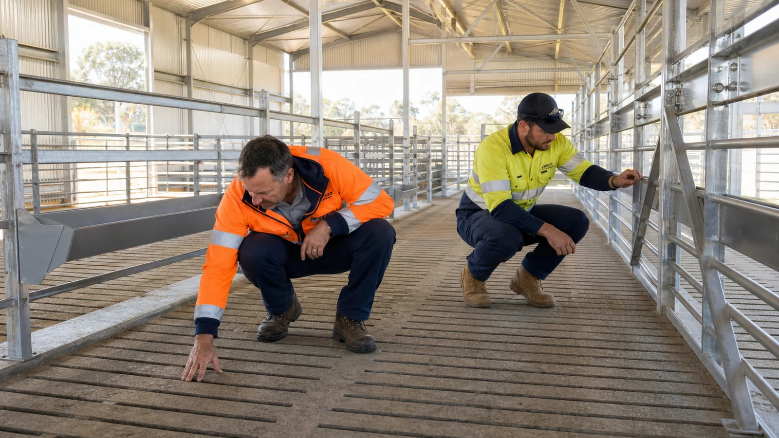 Inspectors check slat condition, floor level and pen interfaces before sheep shed handover.