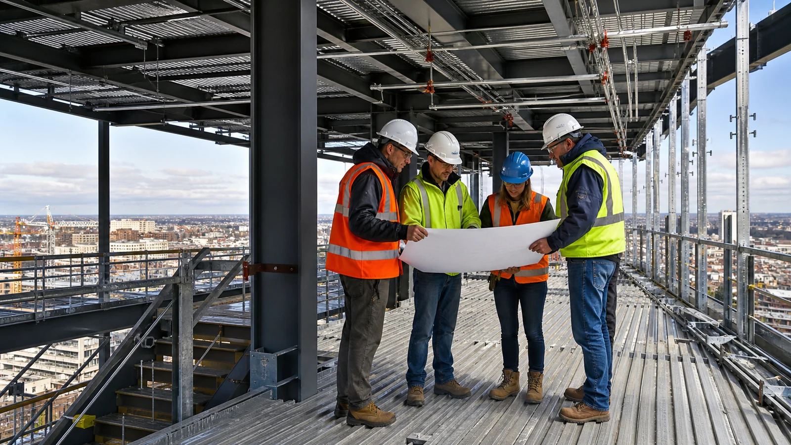 Steel, deck, facade and services teams review blank plans on a multi-storey frame.