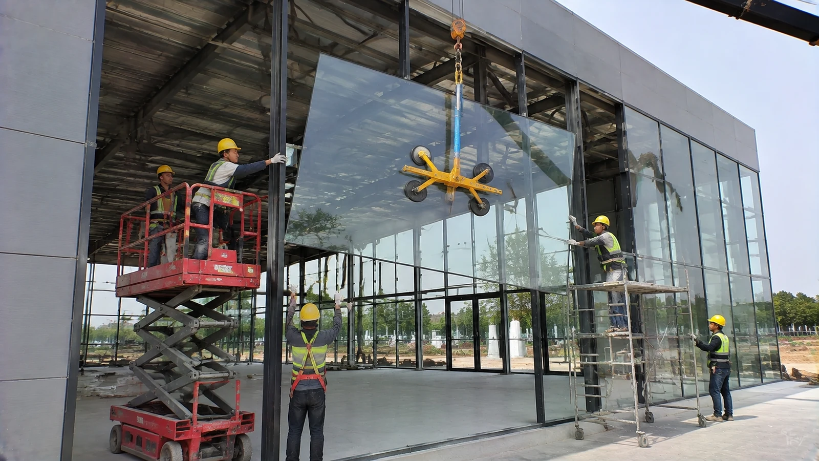 A crew installs a large glass panel on a steel showroom facade using lifting equipment.