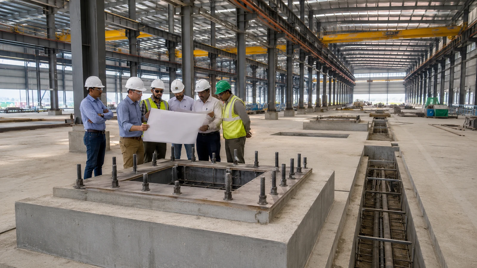 Engineering team coordinates a machine foundation, anchor bolts, utility trenches, columns, and crane path.