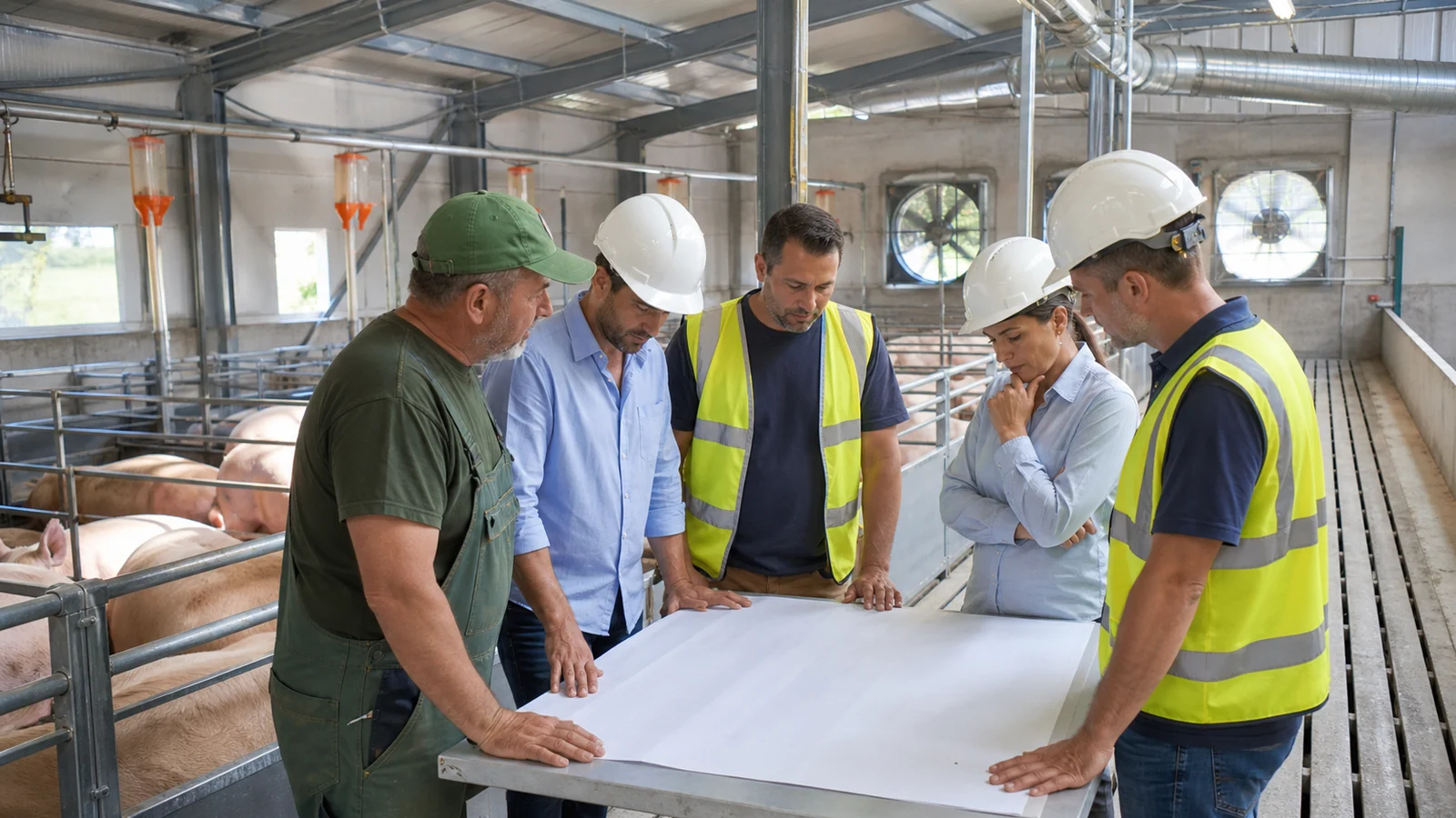 Farm and project specialists review blank plans beside farrowing pens and building services.