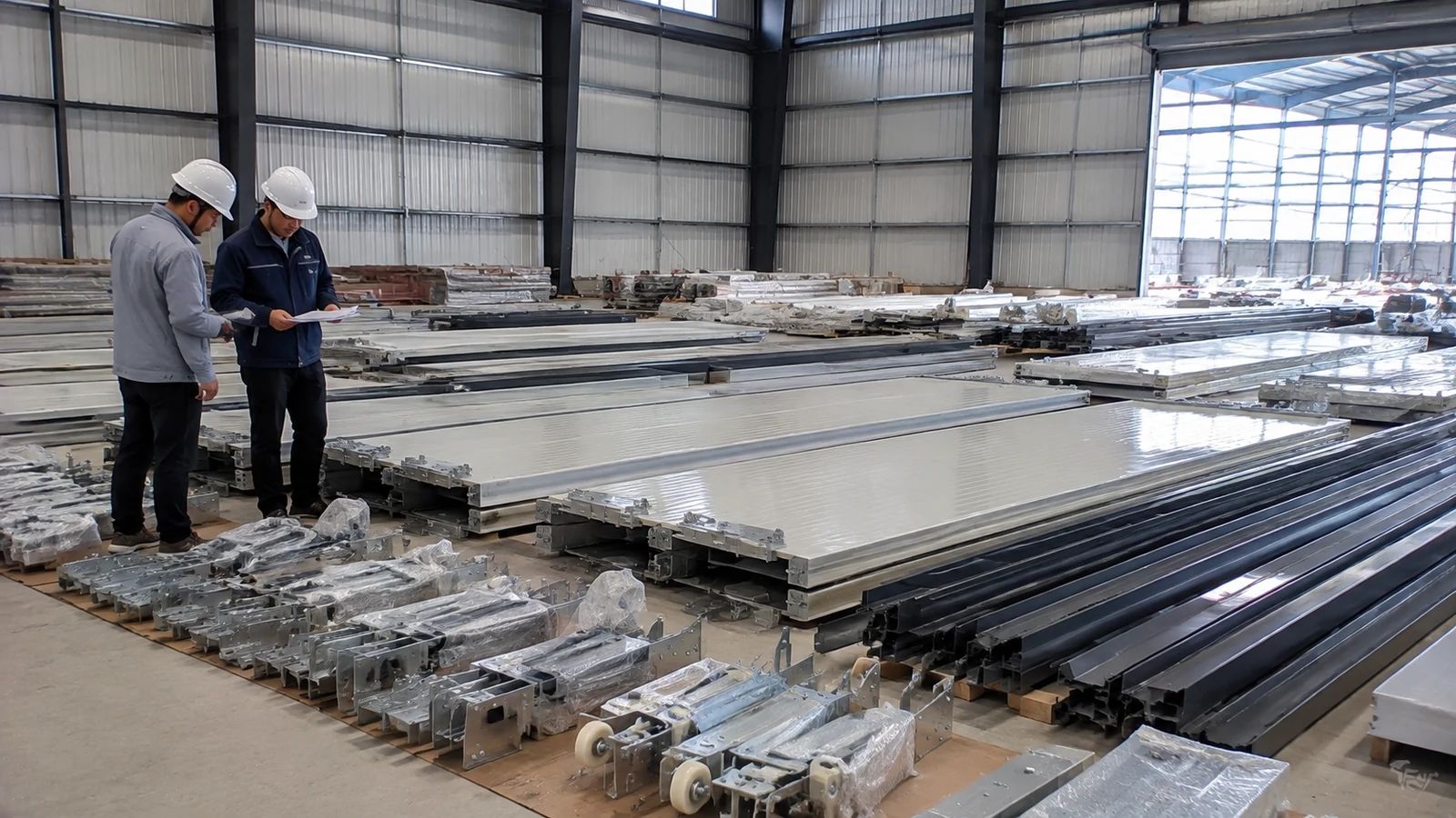 Inspectors review protected hangar door panels, tracks, and hardware before installation.