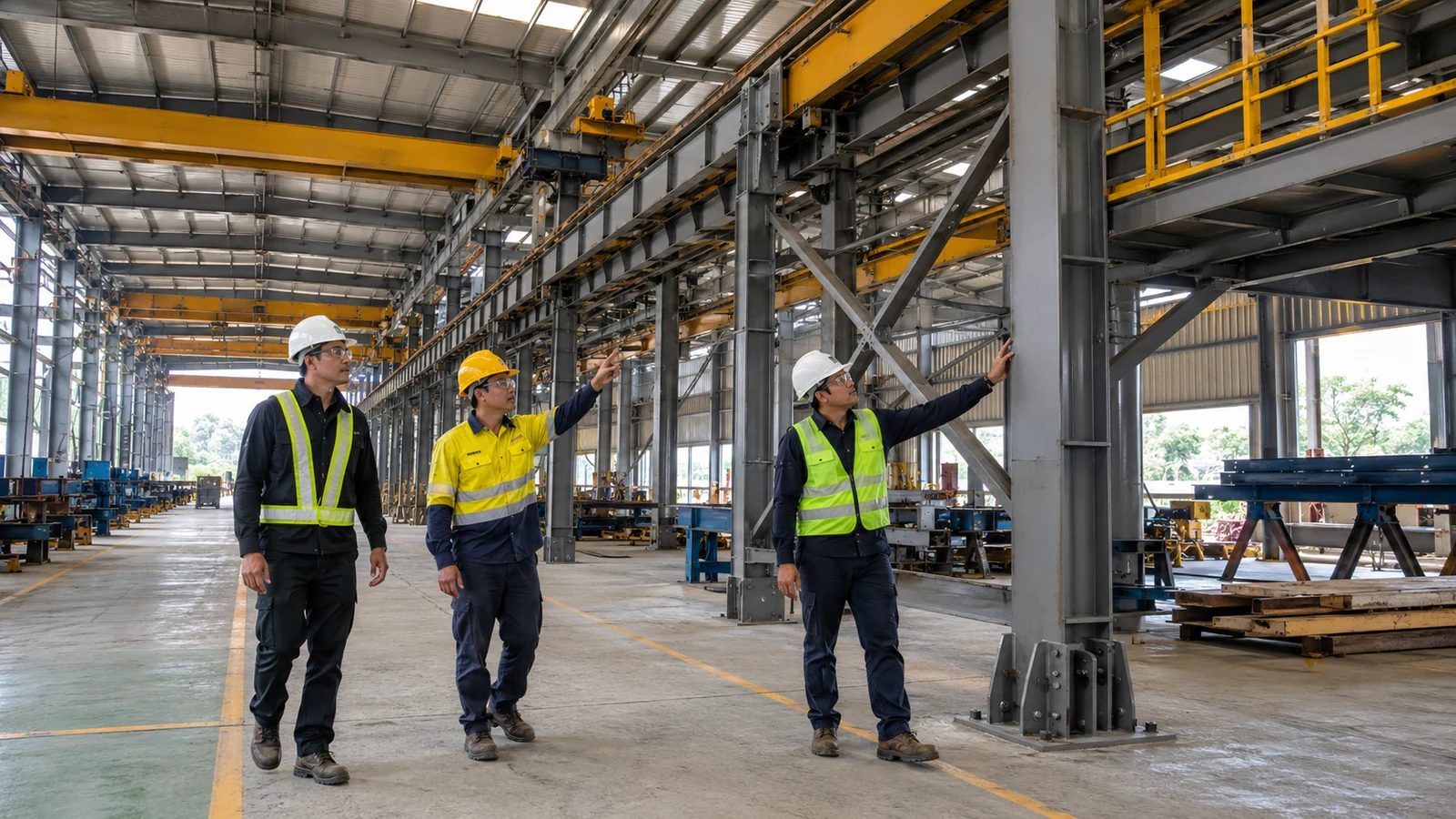 Buyer and inspectors examine crane supports, steel connections, coatings, bracing, and access before handover.