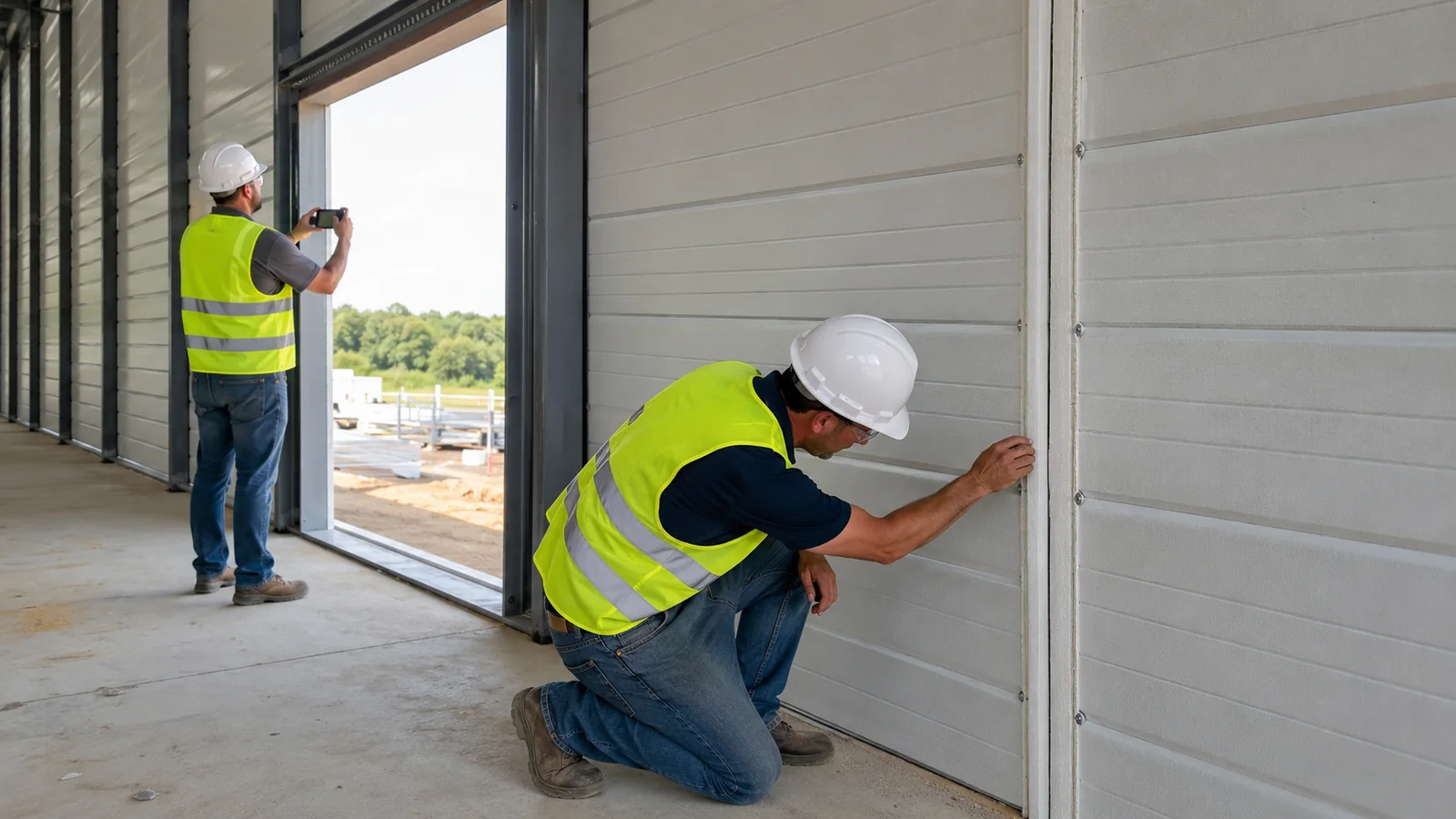 Inspectors check insulated wall-panel joints and opening alignment inside a steel warehouse.