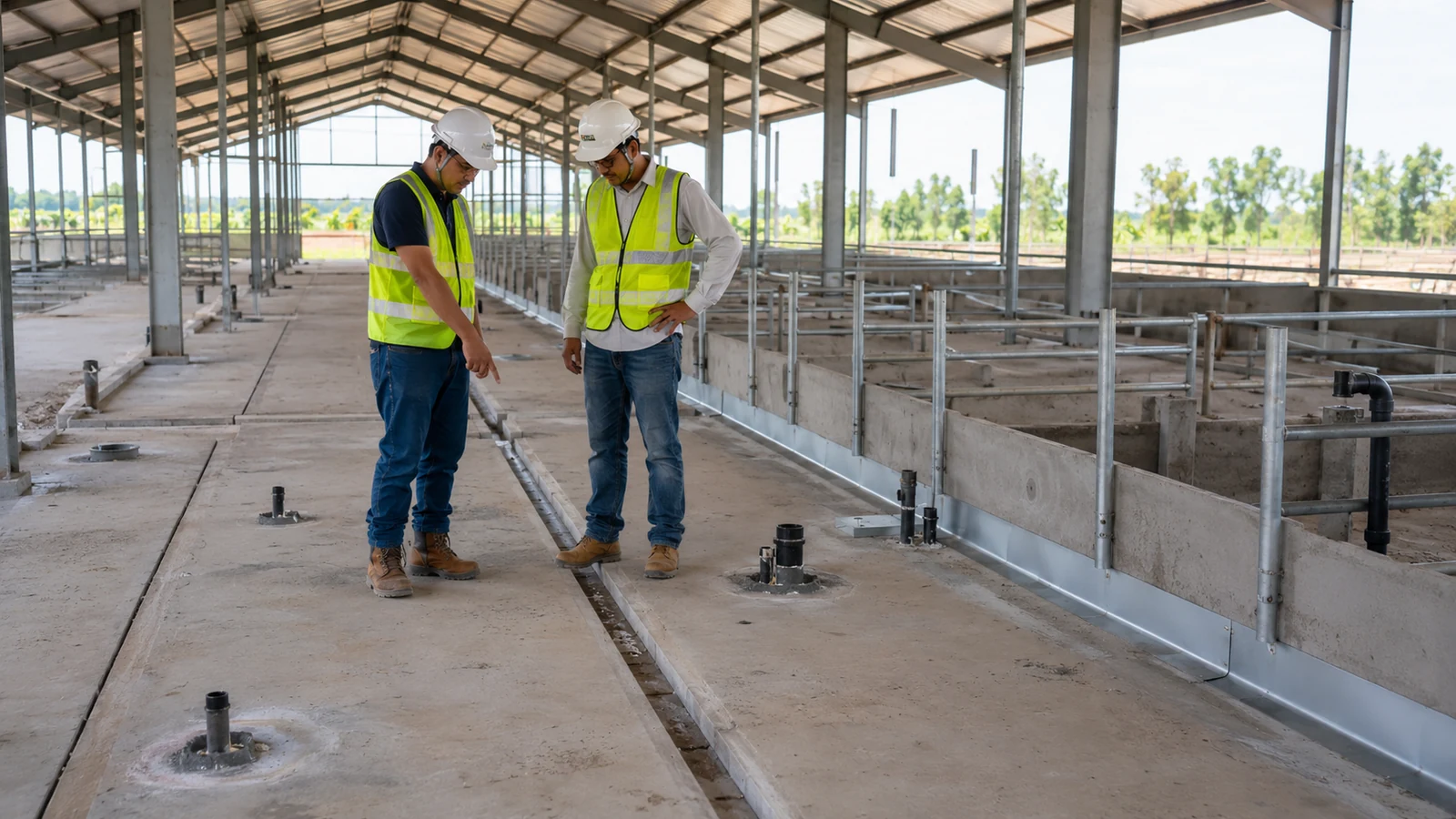 Contractors inspect floor channels and service penetrations inside an unfinished pig house.