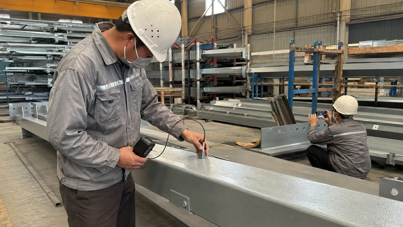 Factory inspector checking a coated steel member while a colleague records poultry house fabrication quality.
