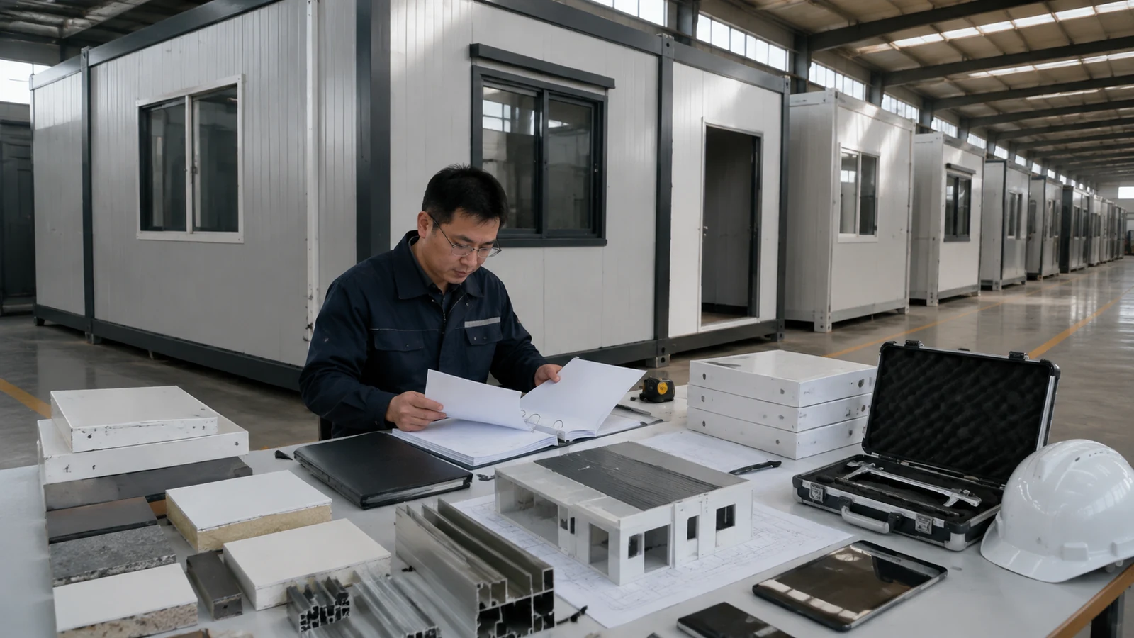 Quality manager organizes inspection records beside completed prefabricated steel office modules.