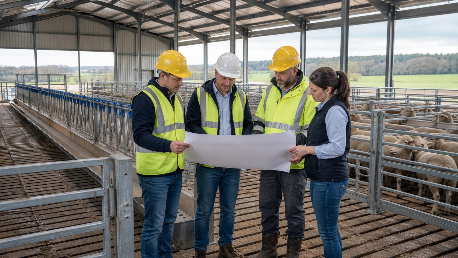Project team reviews blank plans beside slatted pens during a sheep shed scope meeting.