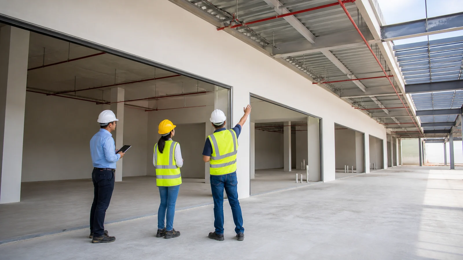 Project team inspects clean tenant bays and building services before shopping mall handover.