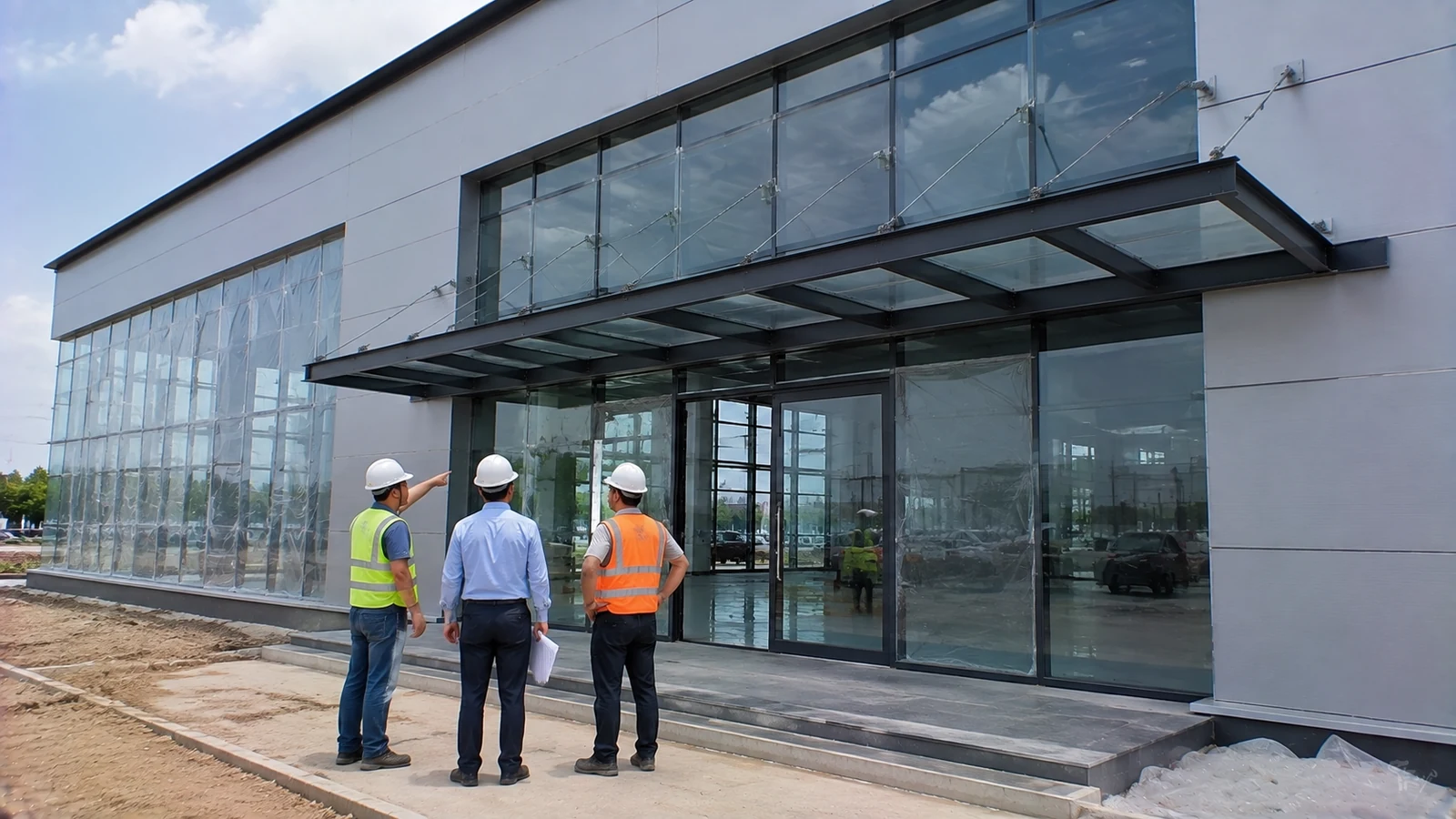 A project team inspects the glazed entrance, canopy, and facade transitions before handover.