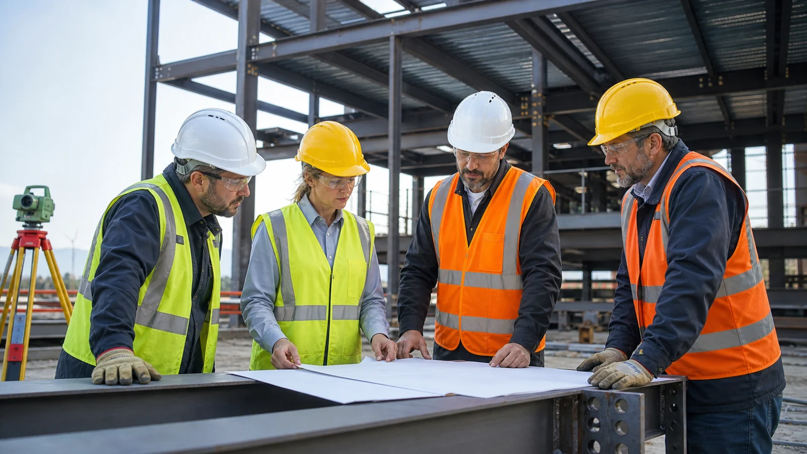 Buyer, engineer, fabricator and erector compare project scope beside a steel frame.